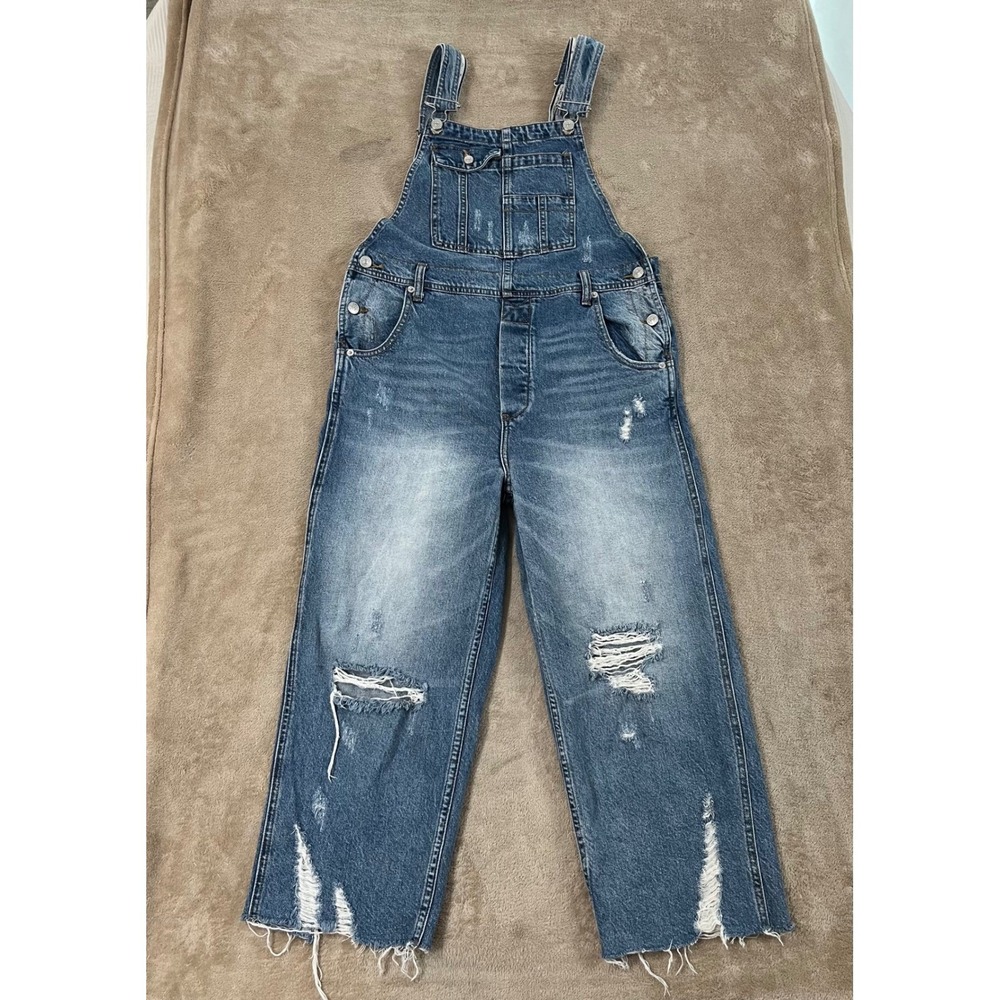 Free People We the Free Denim Overalls Women's 27 Blue Distressed Cotton GOOD